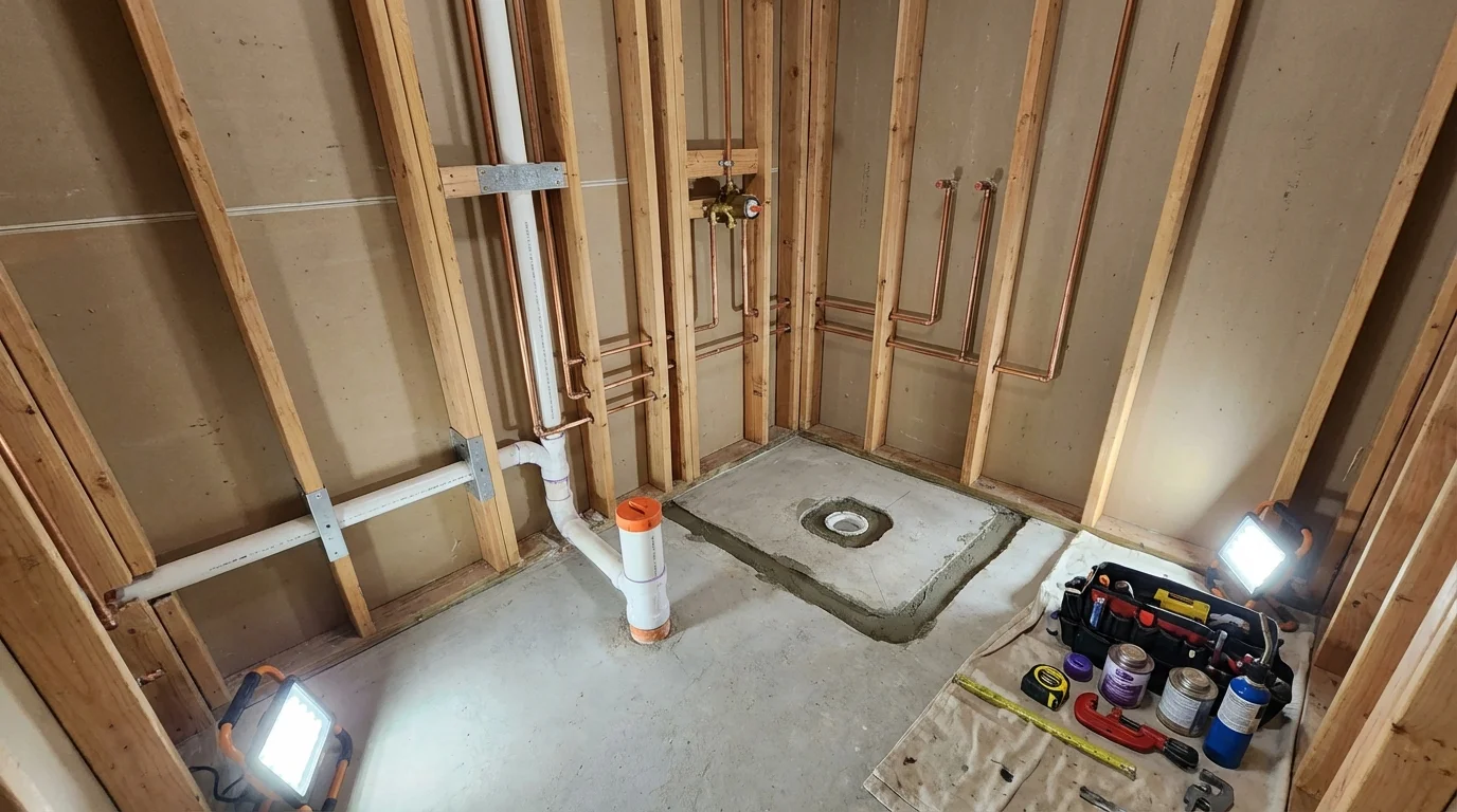 Bathroom rough-in plumbing during remodel by Johns Plumbing LLC in Denham Springs