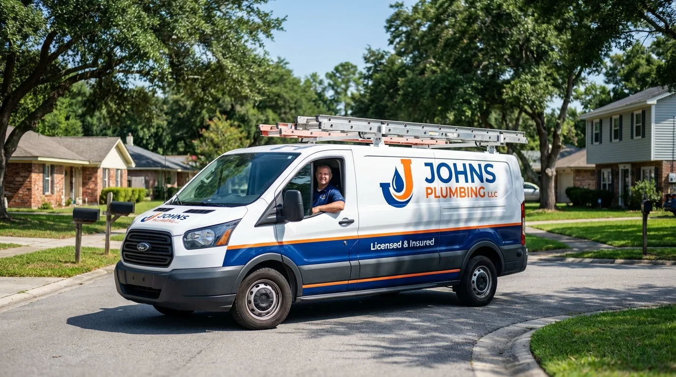 Johns Plumbing LLC service van in Denham Springs, LA