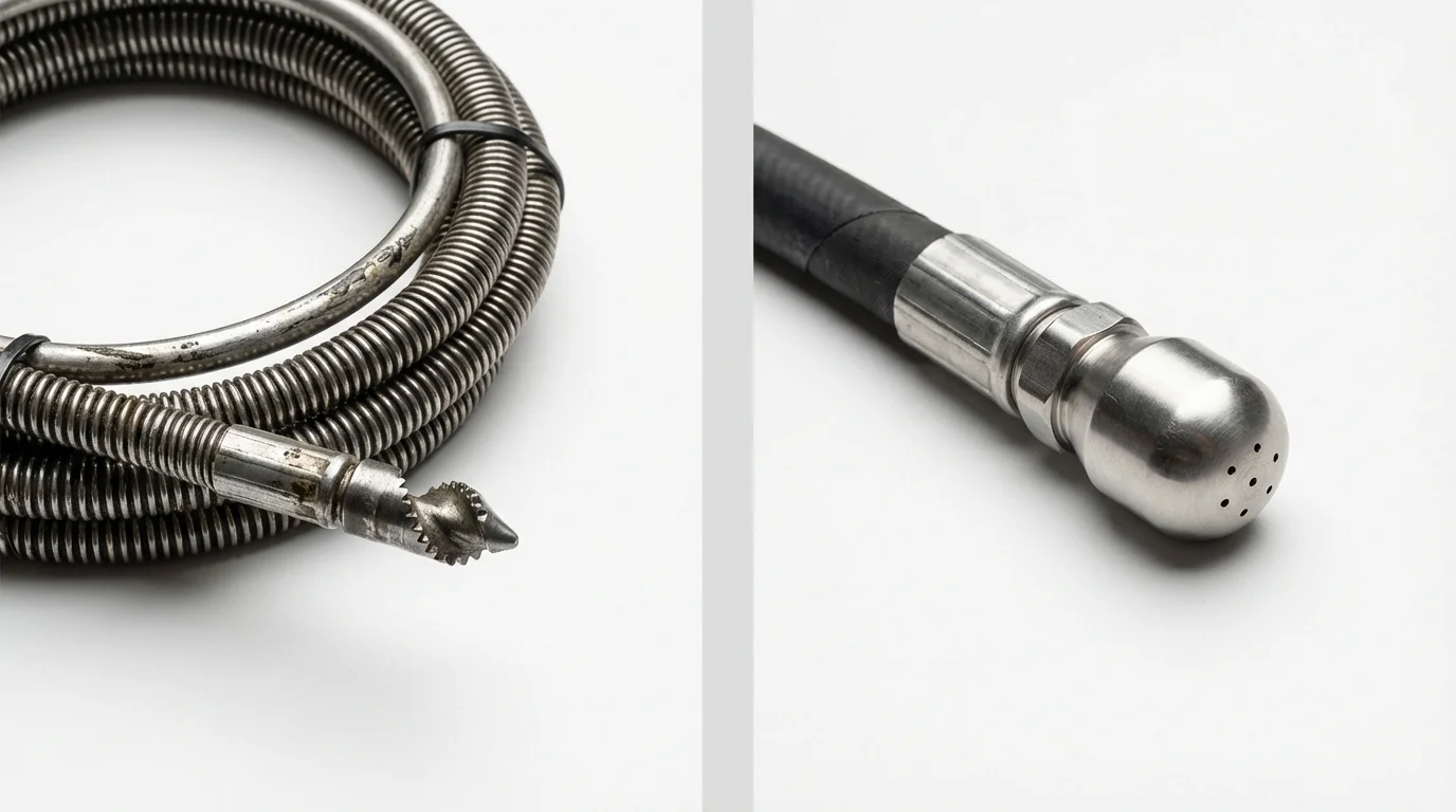 Drain snake cable and hydro jetting nozzle used for drain cleaning in Denham Springs, LA