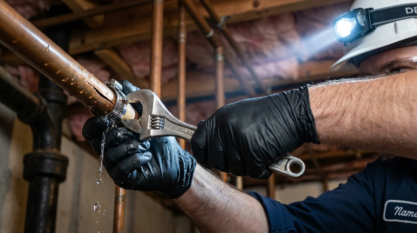 Emergency pipe clamp repair being performed by a Johns Plumbing LLC plumber in Denham Springs