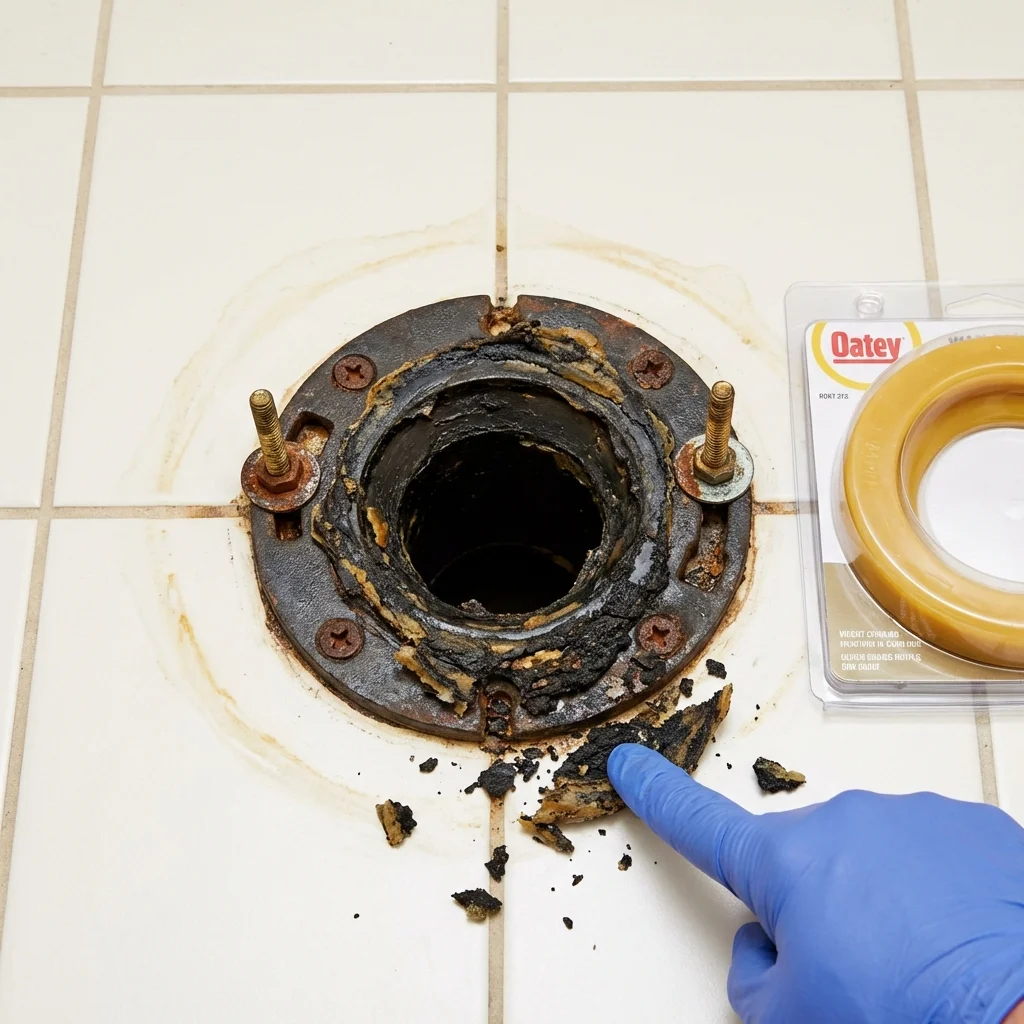 Failed wax ring showing water seepage at the base of a toilet in a Denham Springs, LA home