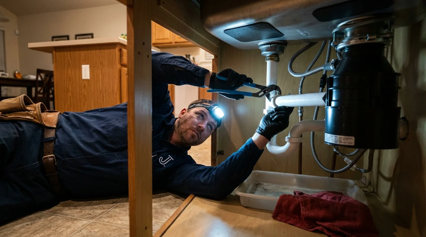 P-trap and supply line connections under a kitchen sink showing a common leak point in Denham Springs, LA